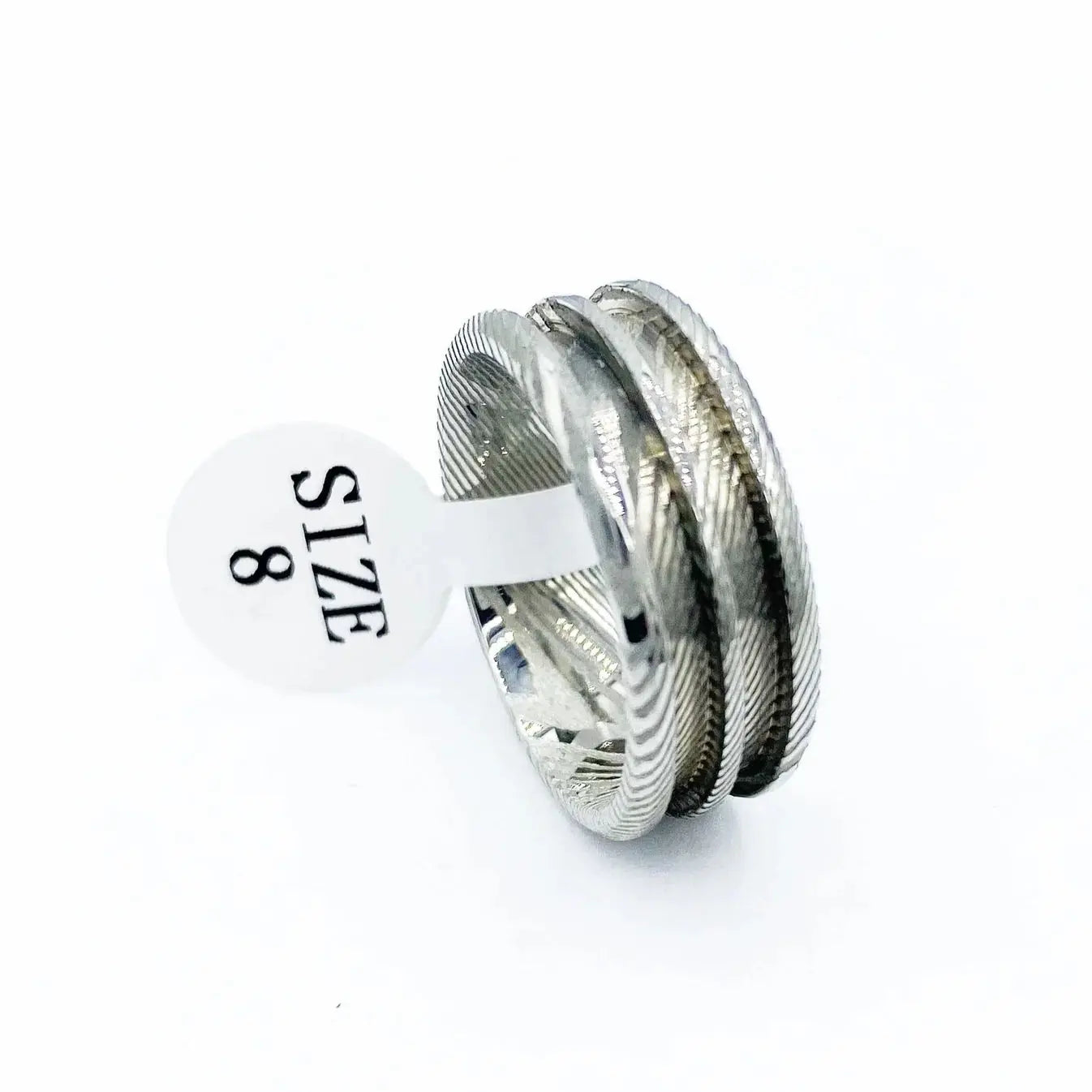 Damascus Double channel Silver ring with a size 8 tag on a white background