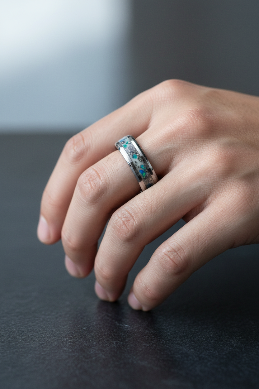 Tungsten ring on hand showing blue opal and meteorite - Reverie men's jewelry