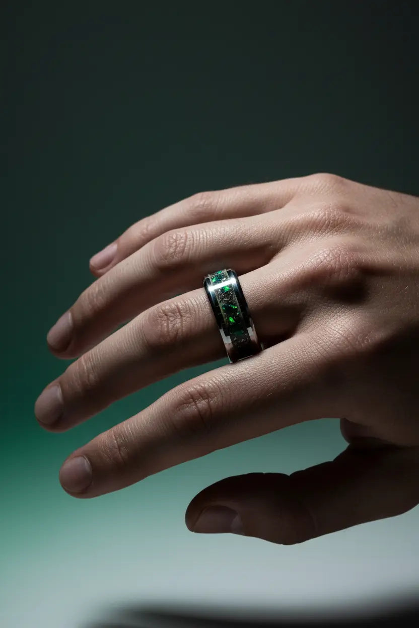 Tungsten meteorite ring on hand showing emerald opal inlay - Black Emerald jewelry