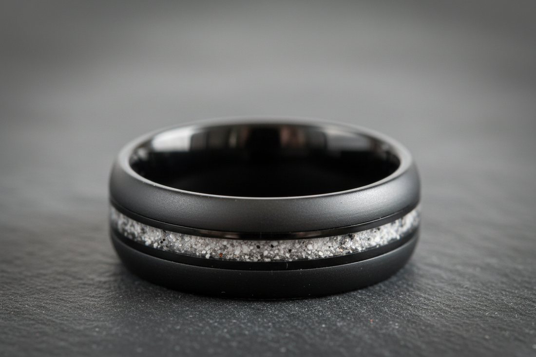 Black ceramic memorial ring transforming cremation ashes into wearable jewelry keepsake