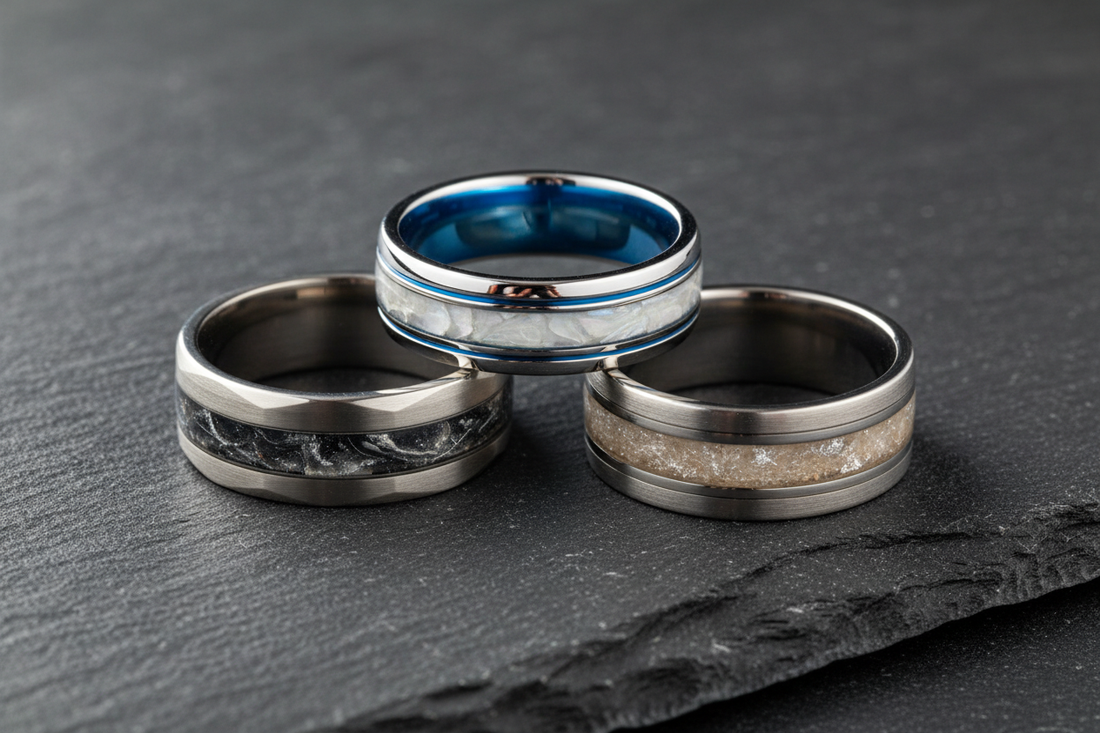 Collection of handcrafted memorial rings featuring cobalt chromium titanium and tungsten with ash inlays