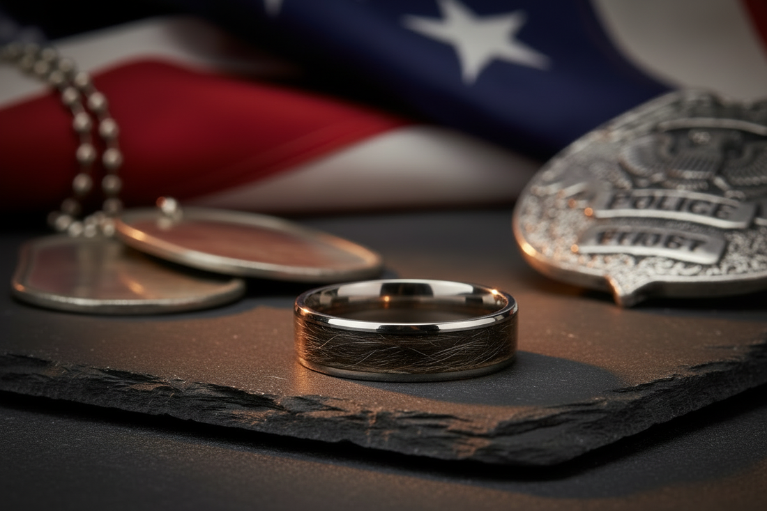 Custom K9 memorial ring with dog fur inlay for military and police handlers, tungsten band with preserved fur stripe, handcrafted tribute jewelry