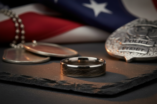 Custom K9 memorial ring with dog fur inlay for military and police handlers, tungsten band with preserved fur stripe, handcrafted tribute jewelry