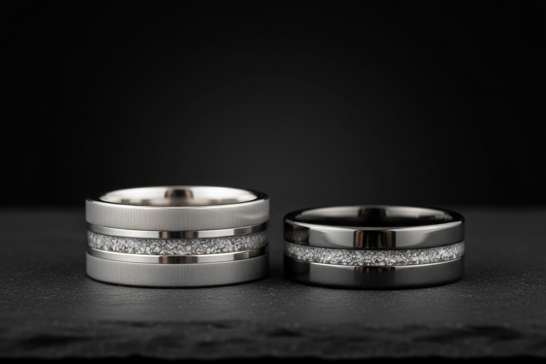 Premium cremation jewelry rings with double channel and single channel designs handcrafted in Fort Collins Colorado