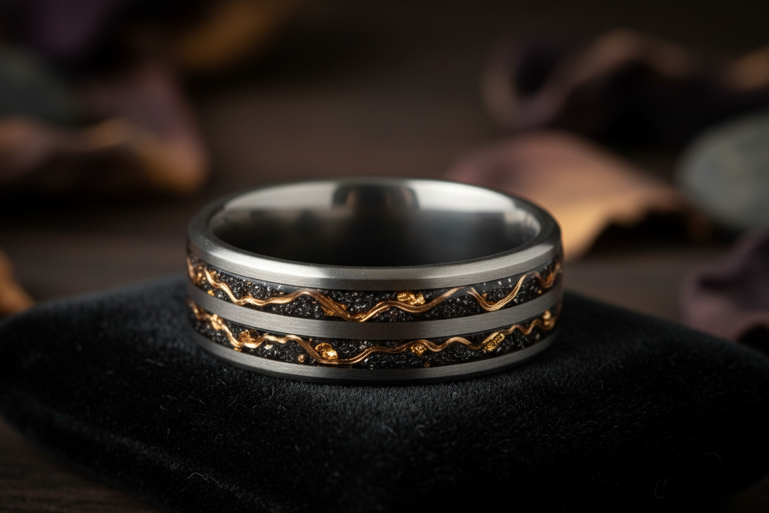 Tungsten memorial ring with double channel cremation ash inlay handcrafted by WildBeard Forge