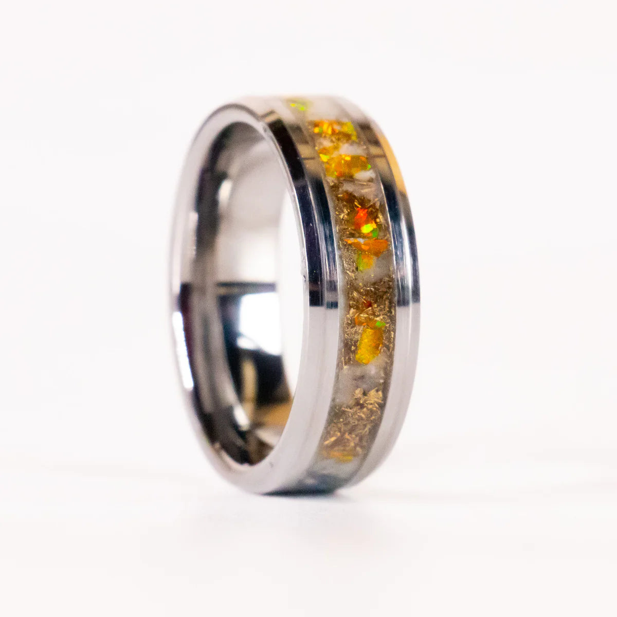 Custom made inlay ring band with gold and opals and powder