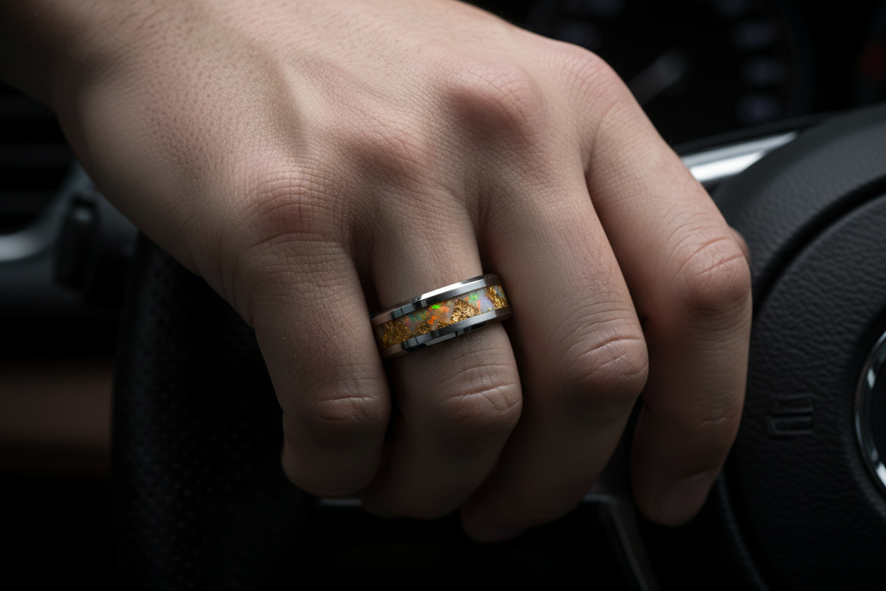 Close-up of man's hand wearing tungsten ring with gold opal
