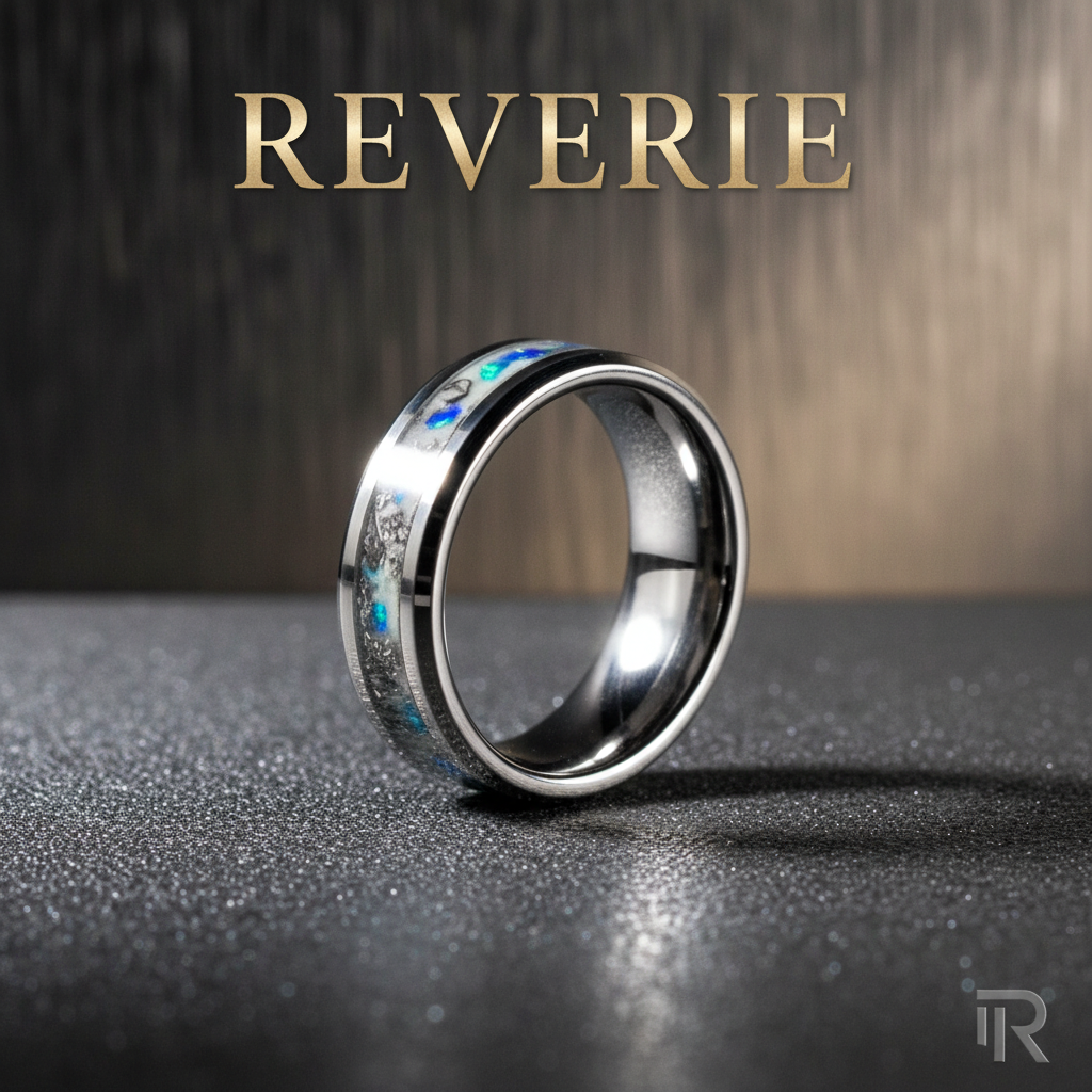 Reverie 8mm tungsten ring with blue opal and meteorite inlay - branded premium jewelry