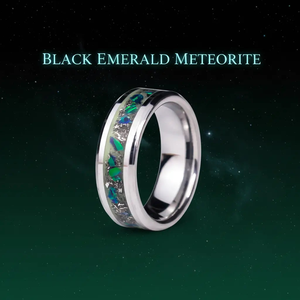 Black Emerald Meteorite 8mm tungsten ring with opal and meteorite - branded cosmic jewelry