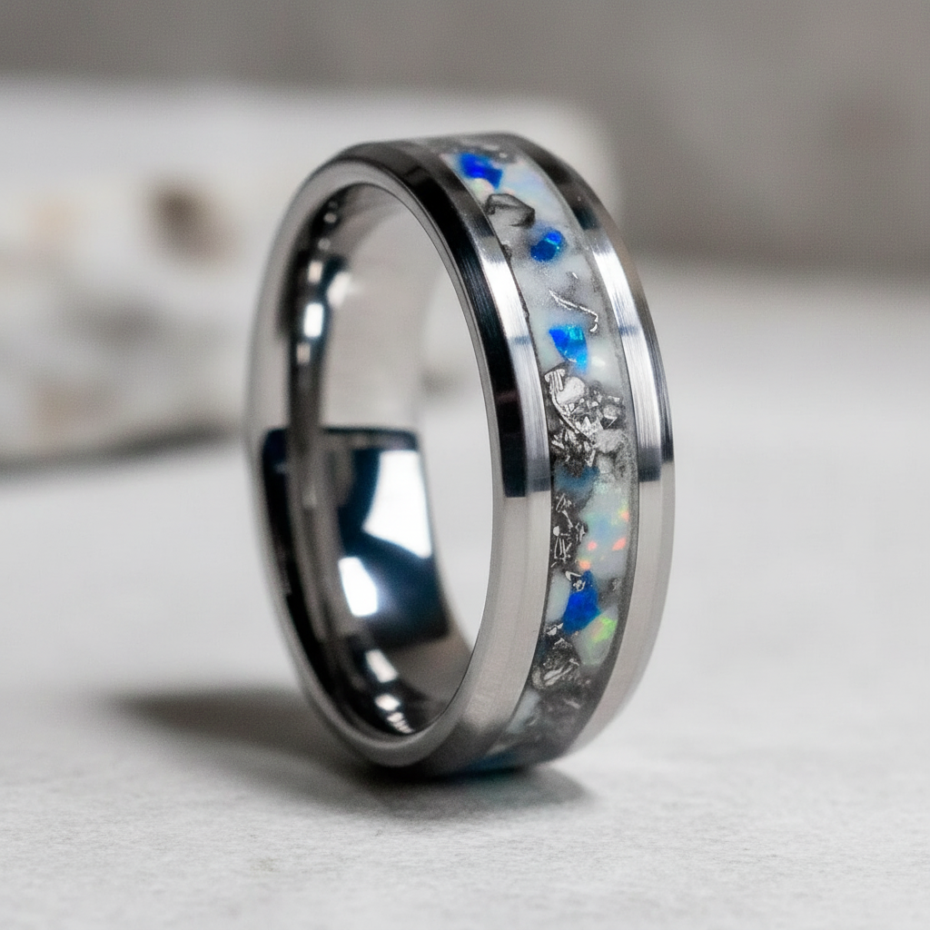 Close-up of Reverie tungsten ring showing opal inlay and glow detail