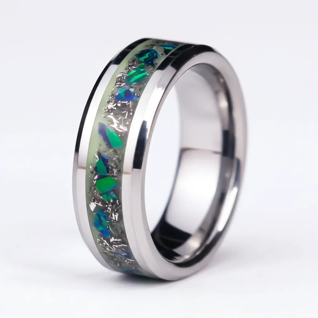 Close-up of Black Emerald Meteorite ring showing emerald opal and meteorite detail