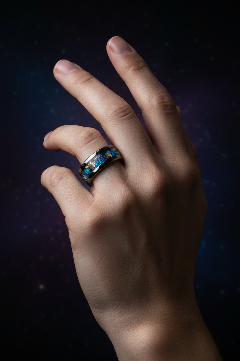 Galaxy resin ring on hand showing cosmic swirls - Deep Space jewelry