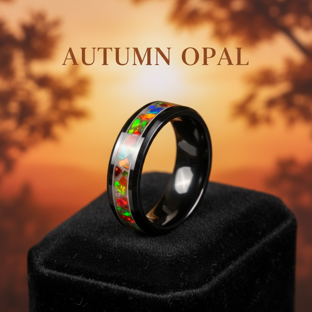 Autumn Opal 8mm black ceramic ring with opal inlay - branded seasonal jewelry