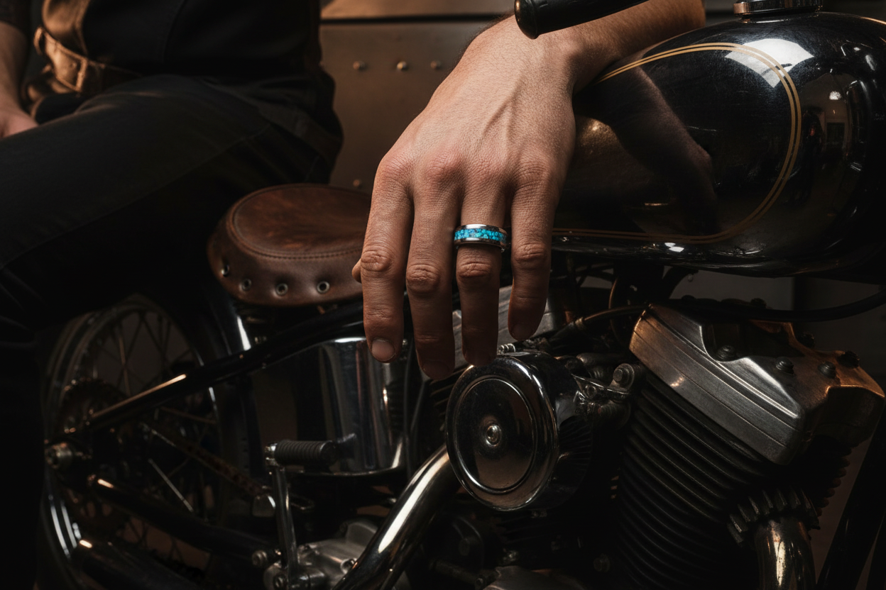 Man wearing blue opal inlay ring banner