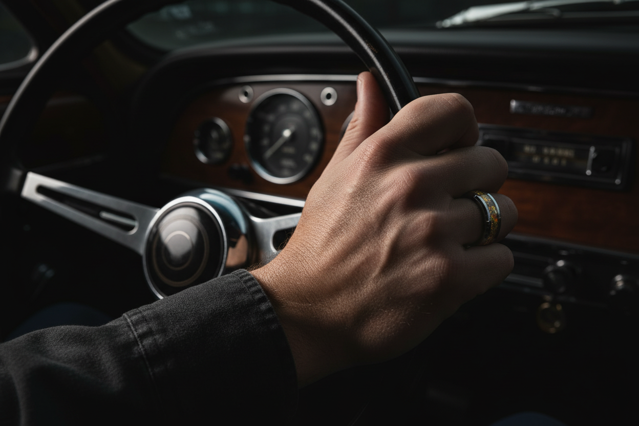 Man wearing tungsten ring with gold opal - no text