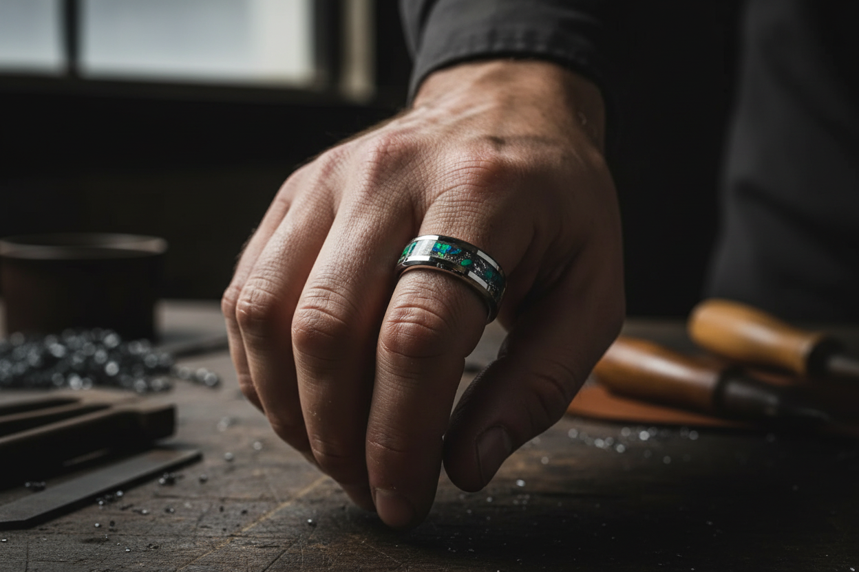 Man wearing tungsten ring with meteorite inlay
