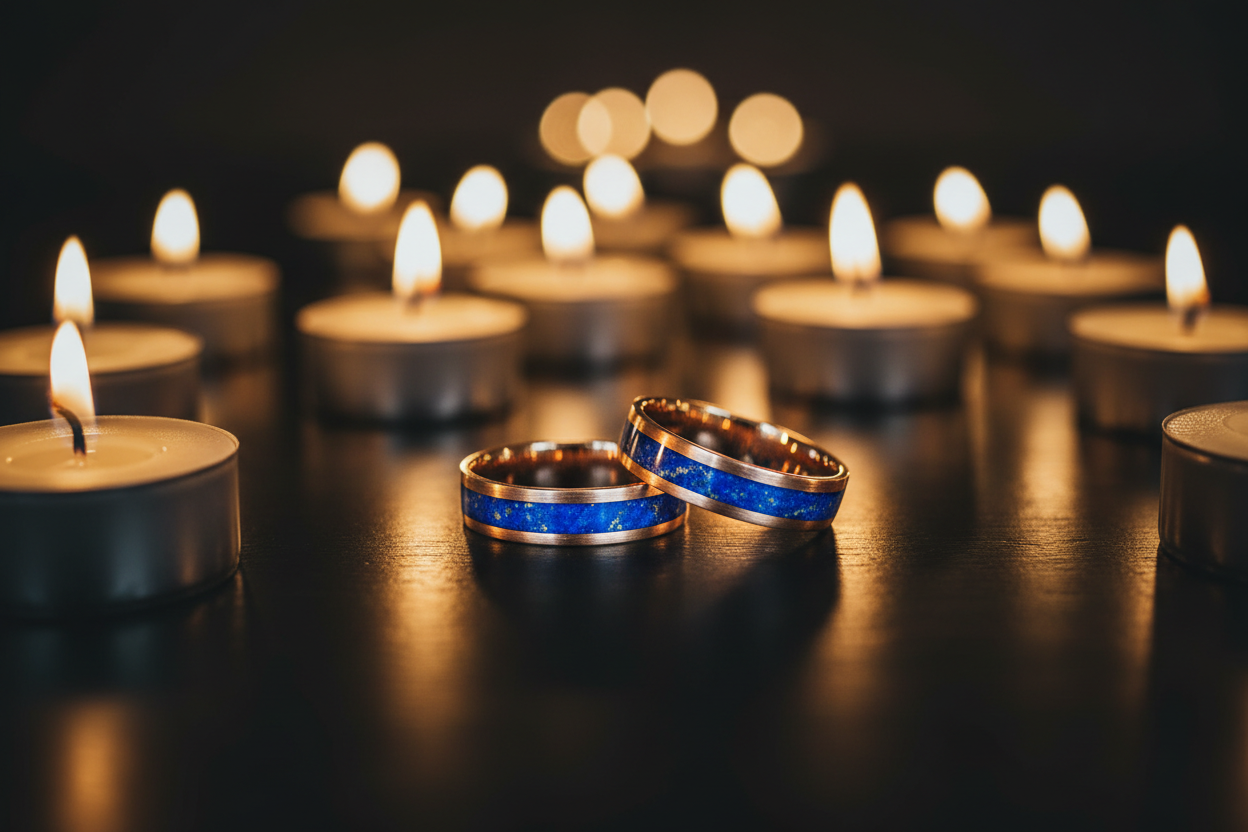 Matching Stone Inlay Wedding Bands with Candles for custom rings by WildBeard Forge in Colorado