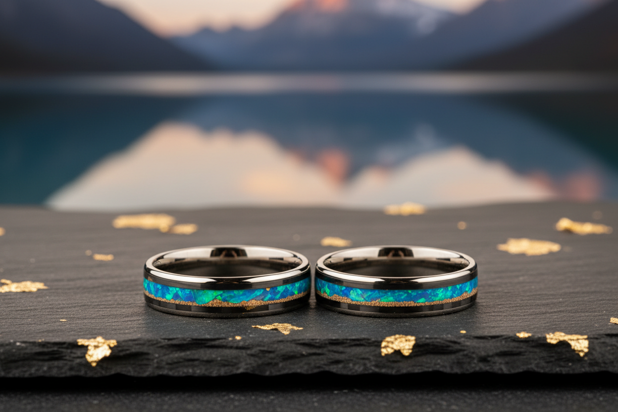 Modern Custom Wedding Bands with Sand and Opal Inlays