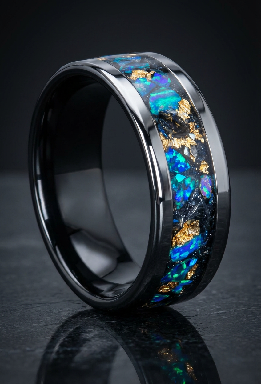 Ceramic ring with colored opals and gold flake inlay on a dark reflective surface