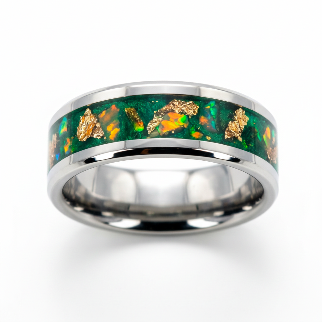 Silver ring with green and gold inlay on white background