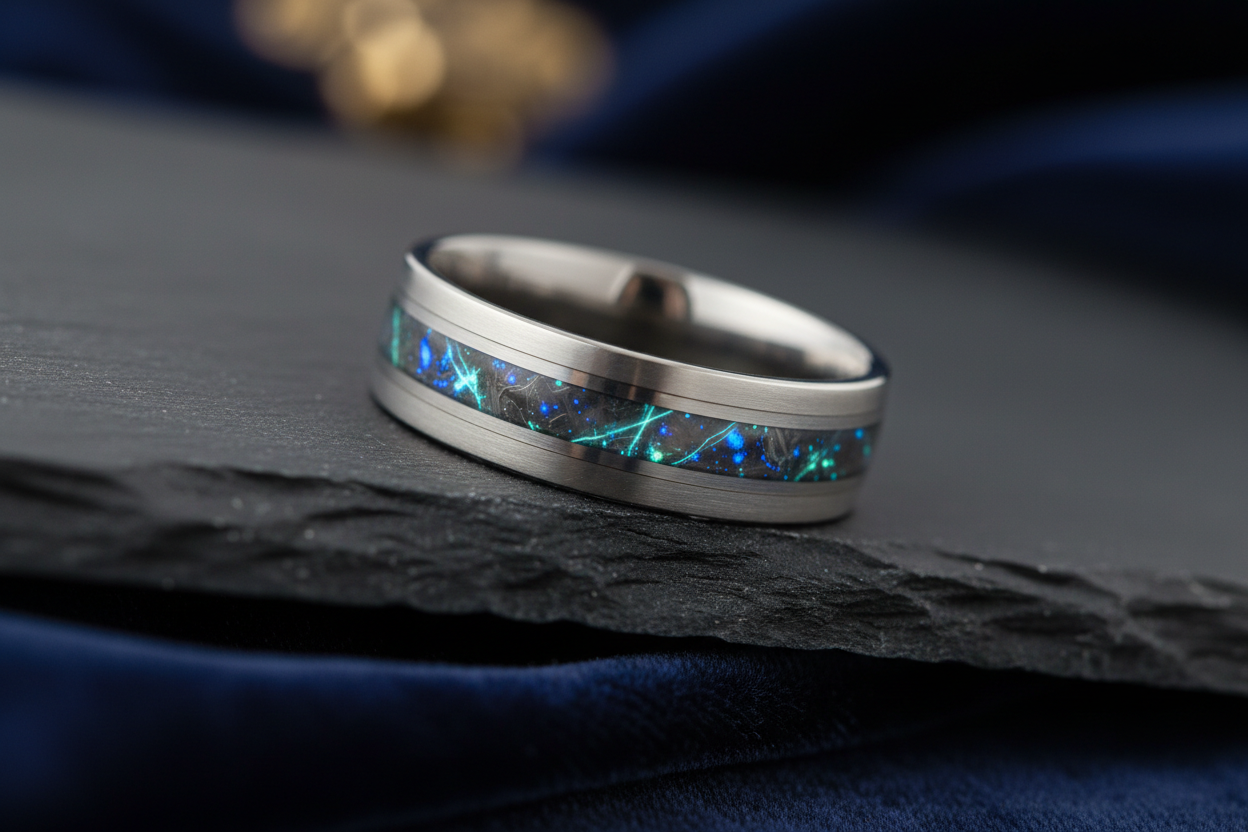 Titanium men's wedding ring with meteorite inlay